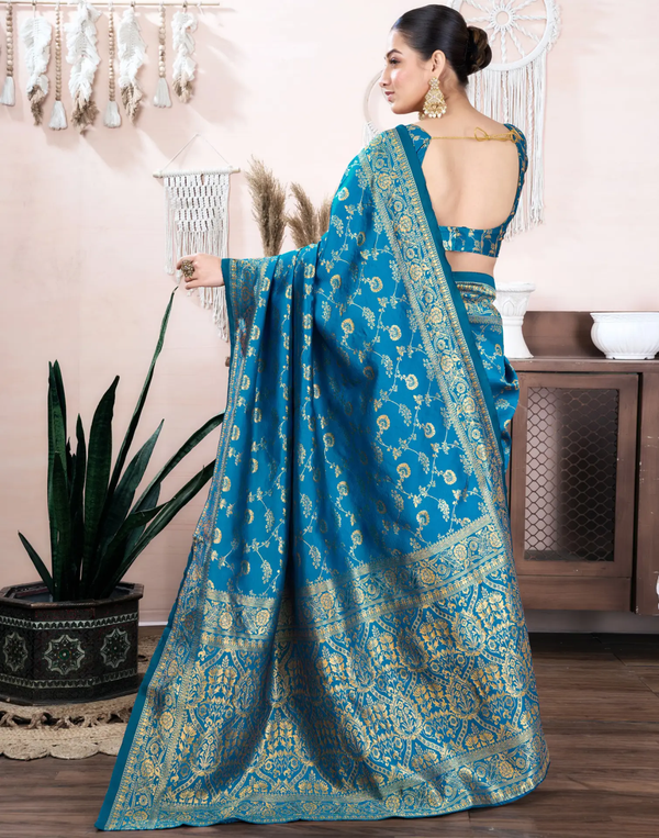 Teal Blue Banarasi Soft Silk Saree with Gold Floral Work