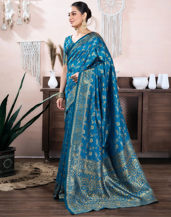 Teal Blue Banarasi Soft Silk Saree with Gold Floral Work