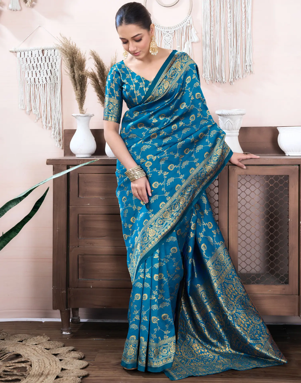Teal Blue Banarasi Soft Silk Saree with Gold Floral Work