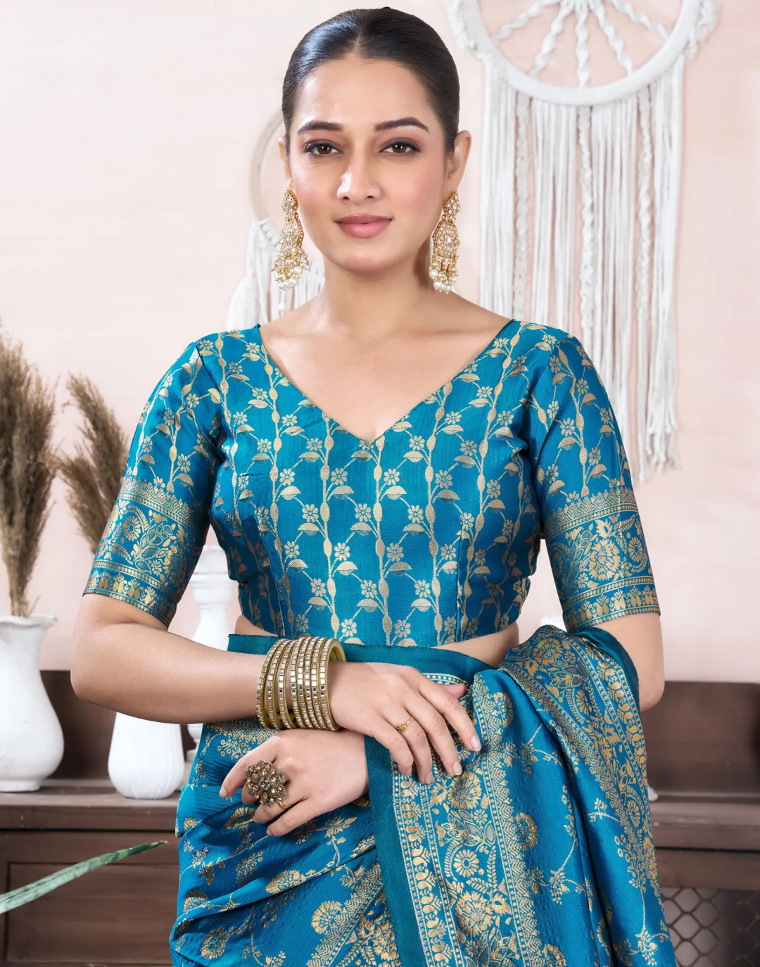 Teal Blue Banarasi Soft Silk Saree with Gold Floral Work