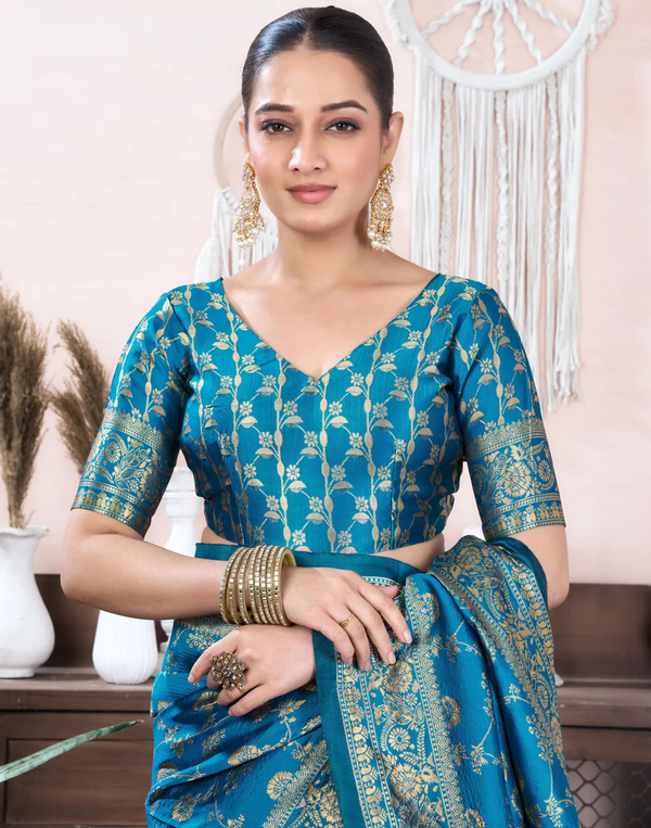 Teal Blue Banarasi Soft Silk Saree with Gold Floral Work