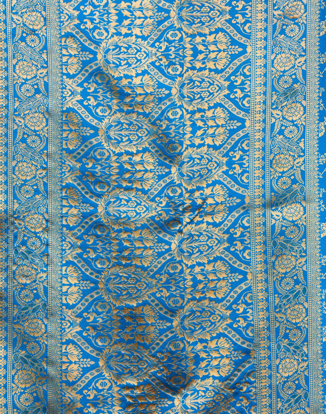 Teal Blue Banarasi Soft Silk Saree with Gold Floral Work