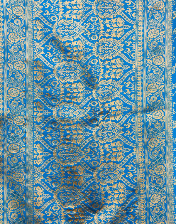 Teal Blue Banarasi Soft Silk Saree with Gold Floral Work