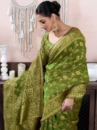 Mehendi Green Banarasi Soft Silk Saree with Gold Work