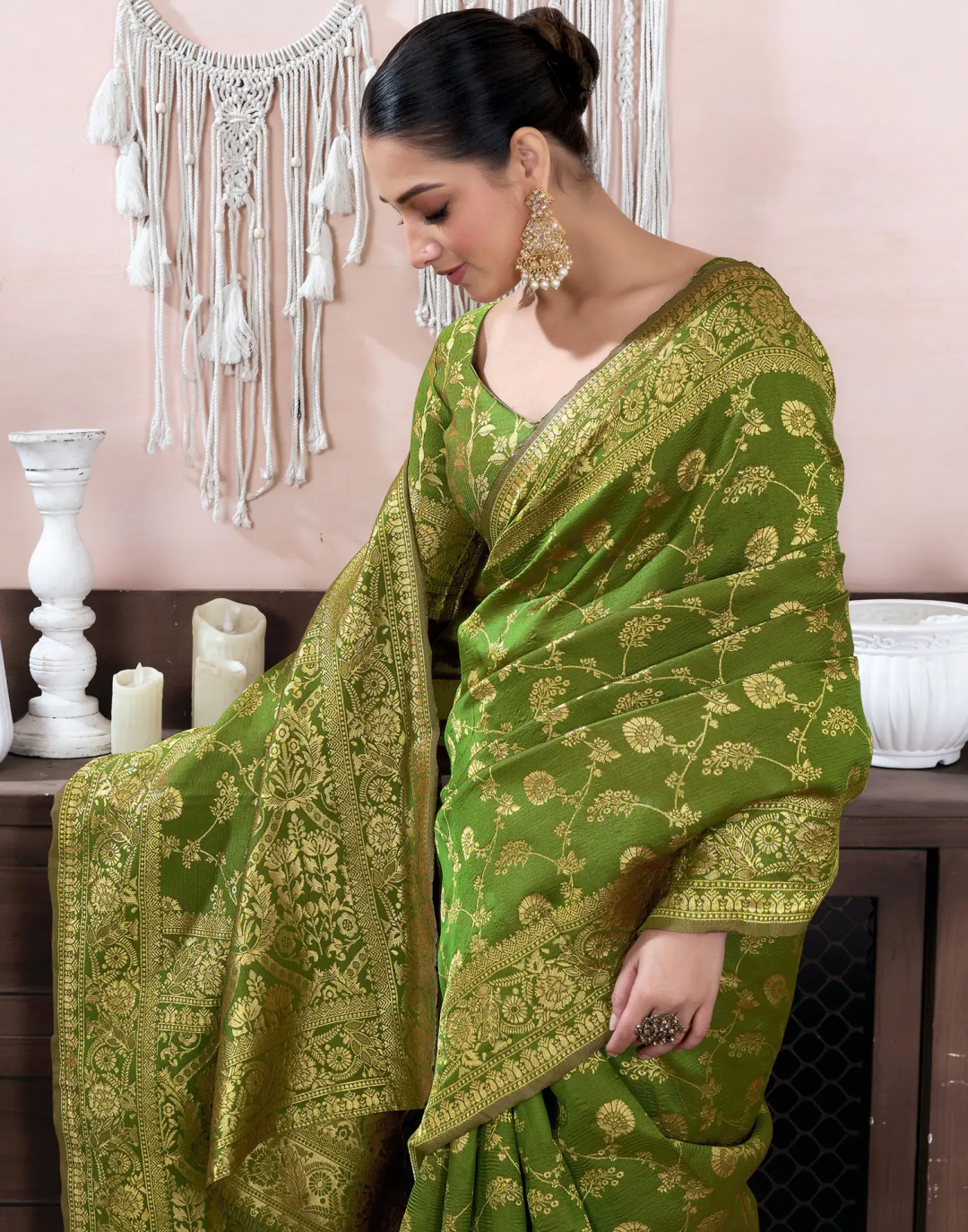 Mehendi Green Banarasi Soft Silk Saree with Gold Work