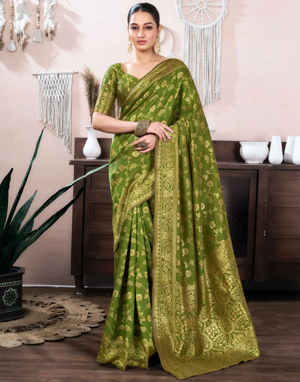Mehendi Green Banarasi Soft Silk Saree with Gold Work