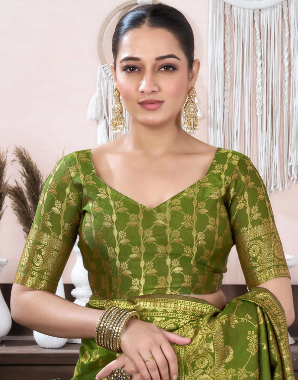 Mehendi Green Banarasi Soft Silk Saree with Gold Work