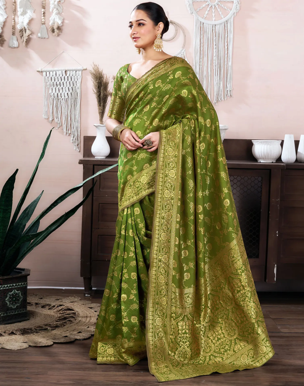 Mehendi Green Banarasi Soft Silk Saree with Gold Work