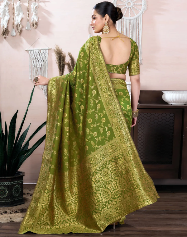 Mehendi Green Banarasi Soft Silk Saree with Gold Work