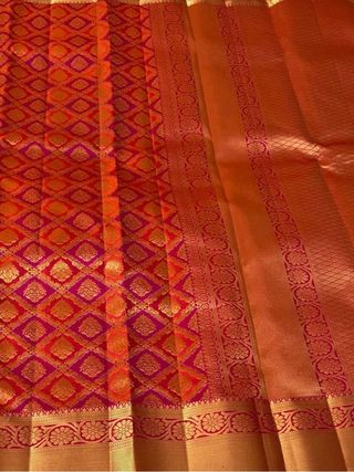 Orange Pink Banarasi Soft Silk Saree with Gold Motifs
