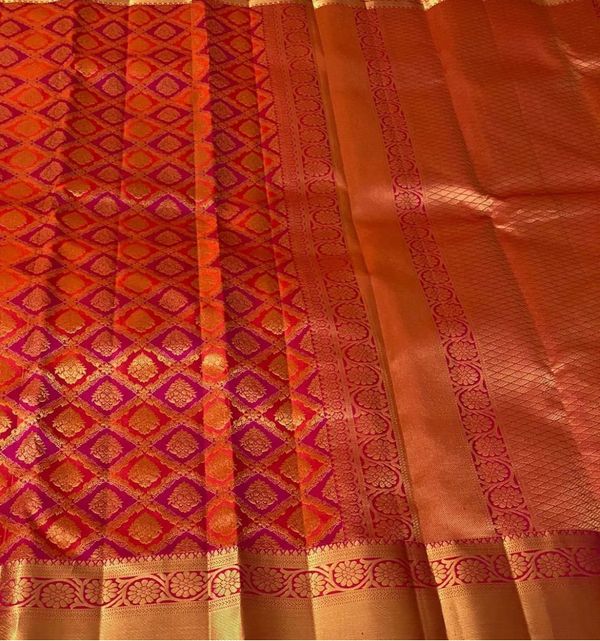 Orange Pink Banarasi Soft Silk Saree with Gold Motifs