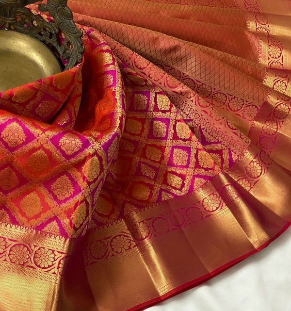 Orange Pink Banarasi Soft Silk Saree with Gold Motifs