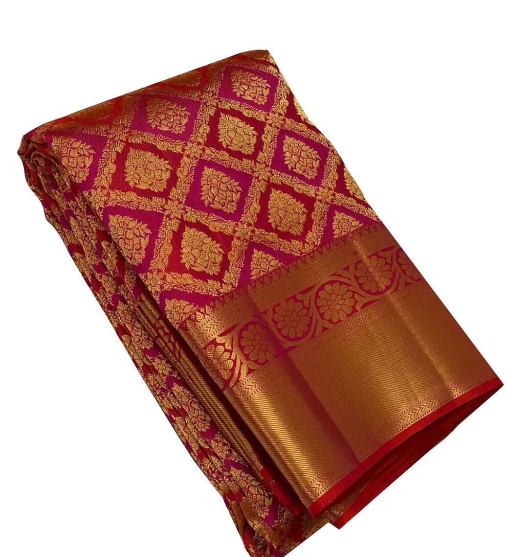 Orange Pink Banarasi Soft Silk Saree with Gold Motifs