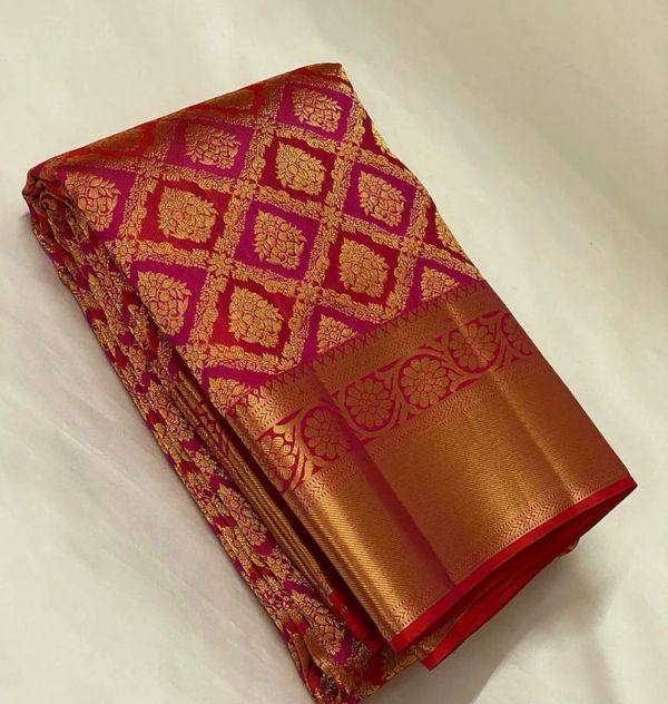 Orange Pink Banarasi Soft Silk Saree with Gold Motifs