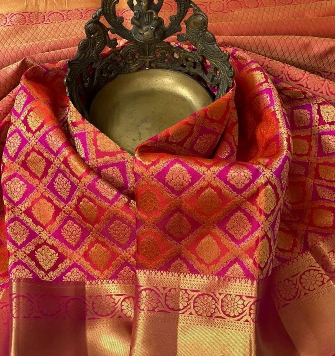 Orange Pink Banarasi Soft Silk Saree with Gold Motifs