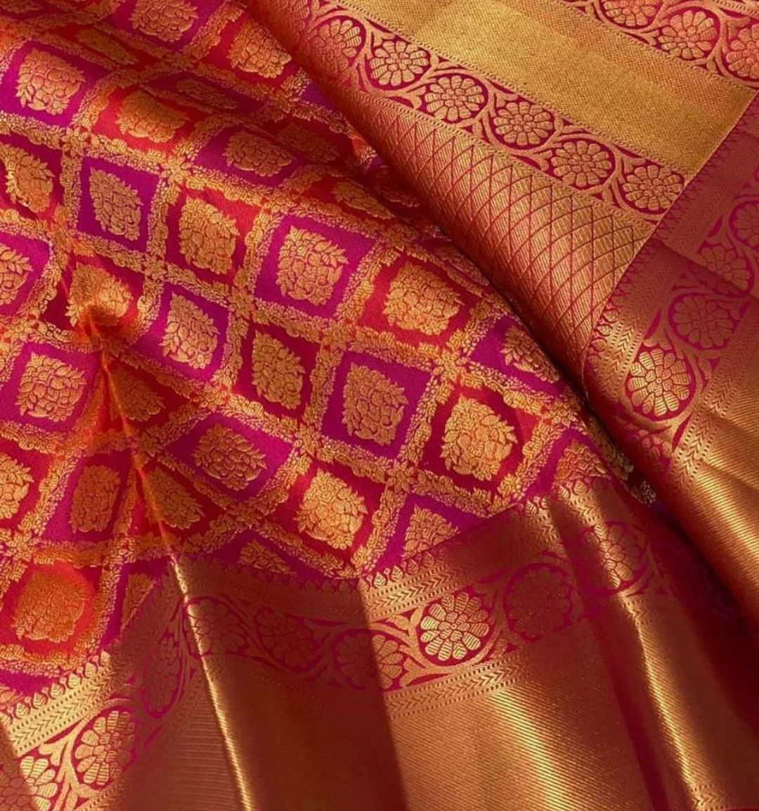Orange Pink Banarasi Soft Silk Saree with Gold Motifs