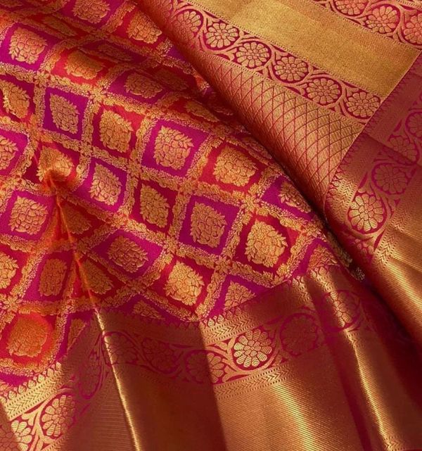 Orange Pink Banarasi Soft Silk Saree with Gold Motifs