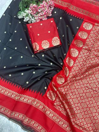Black Red Banarasi Soft Silk Saree with Gold Border
