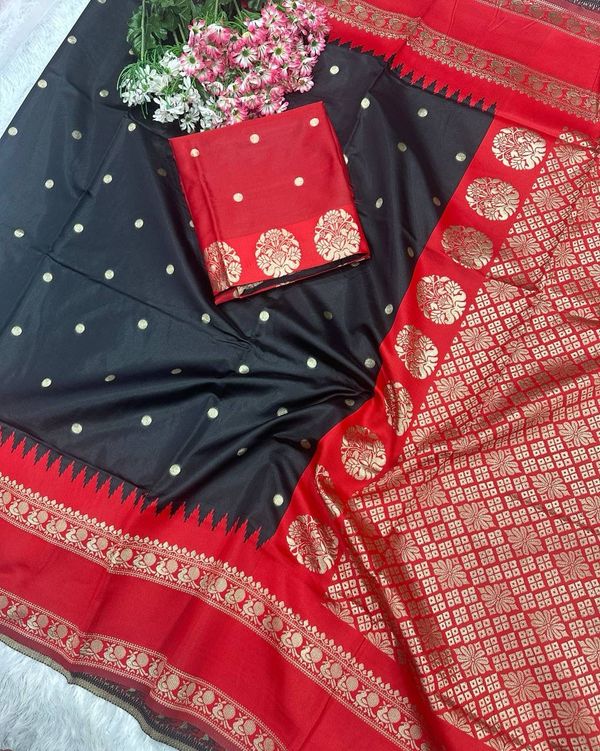 Black Red Banarasi Soft Silk Saree with Gold Border