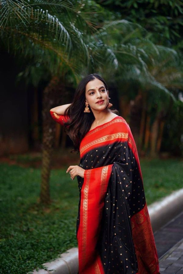 Black Red Banarasi Soft Silk Saree with Gold Border