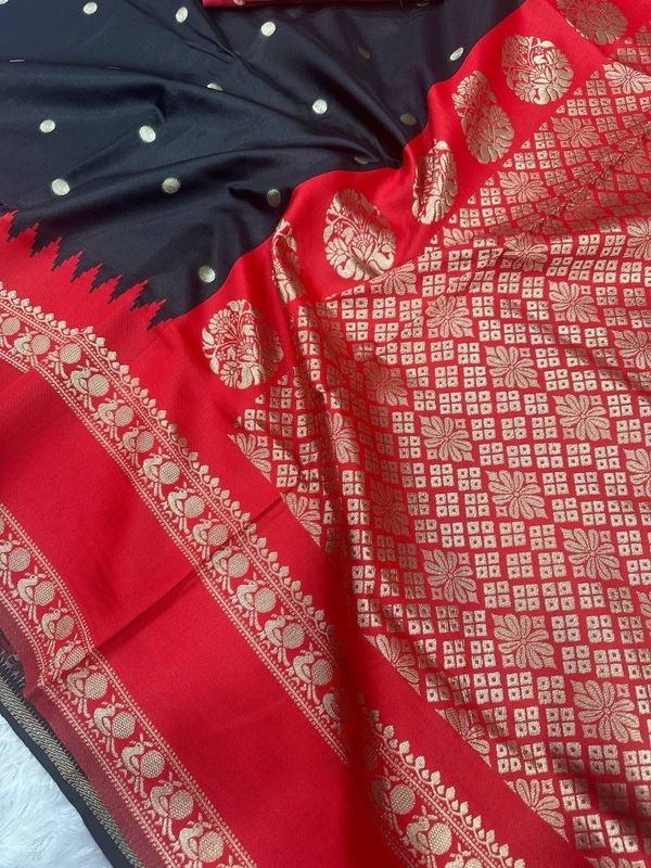 Black Red Banarasi Soft Silk Saree with Gold Border