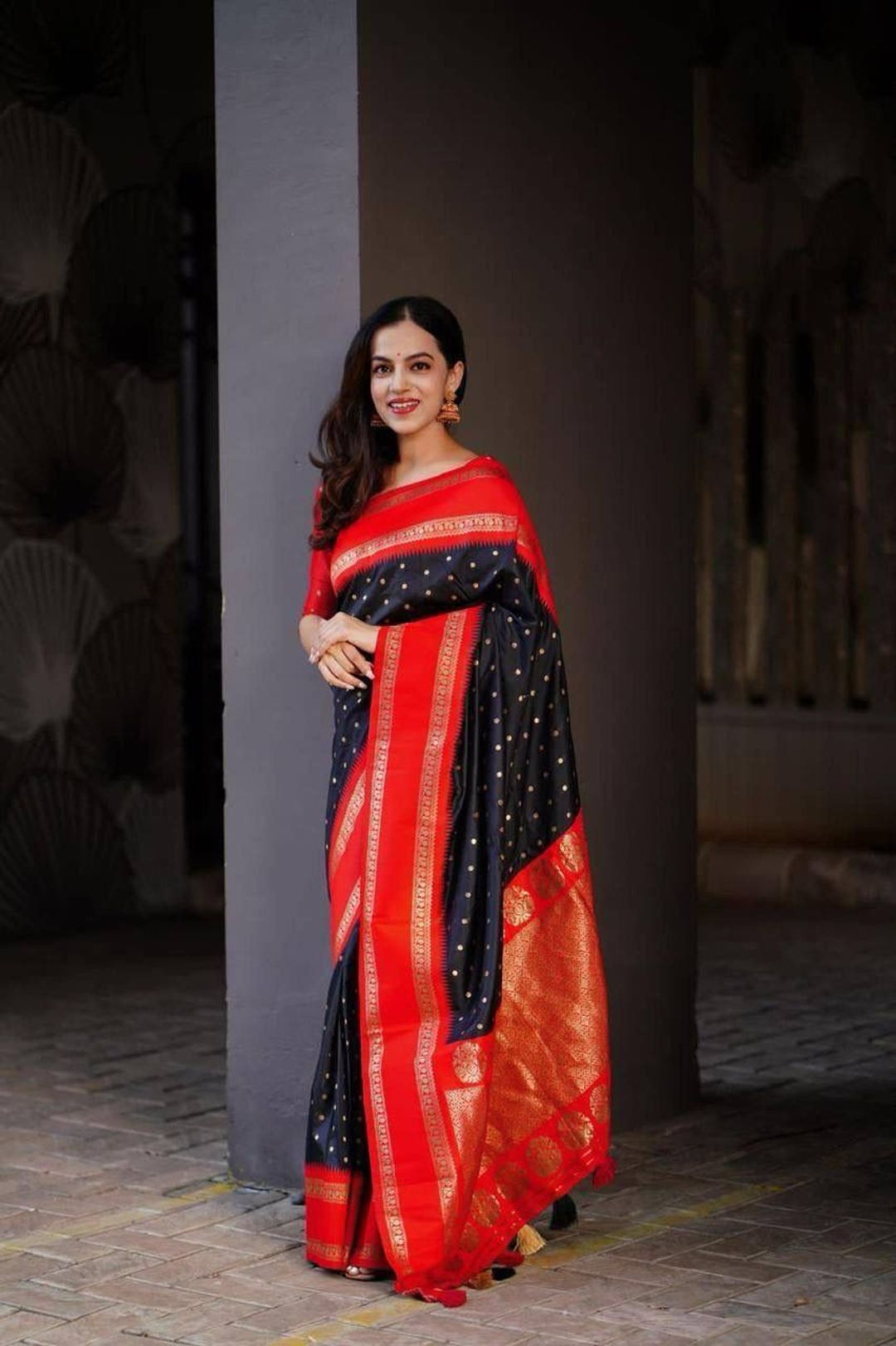 Black Red Banarasi Soft Silk Saree with Gold Border