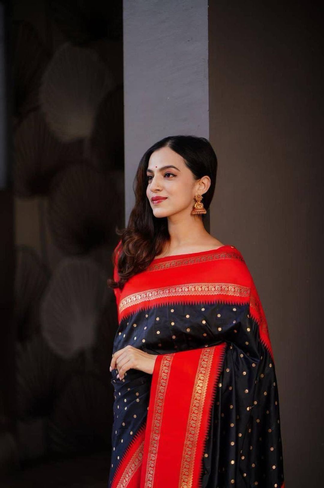 Black Red Banarasi Soft Silk Saree with Gold Border