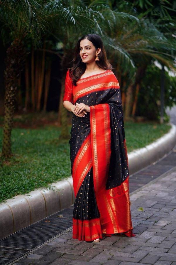 Black Red Banarasi Soft Silk Saree with Gold Border