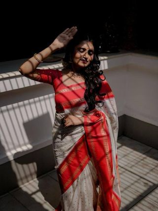 Ivory Red Banarasi Soft Silk Saree with Gold Motifs