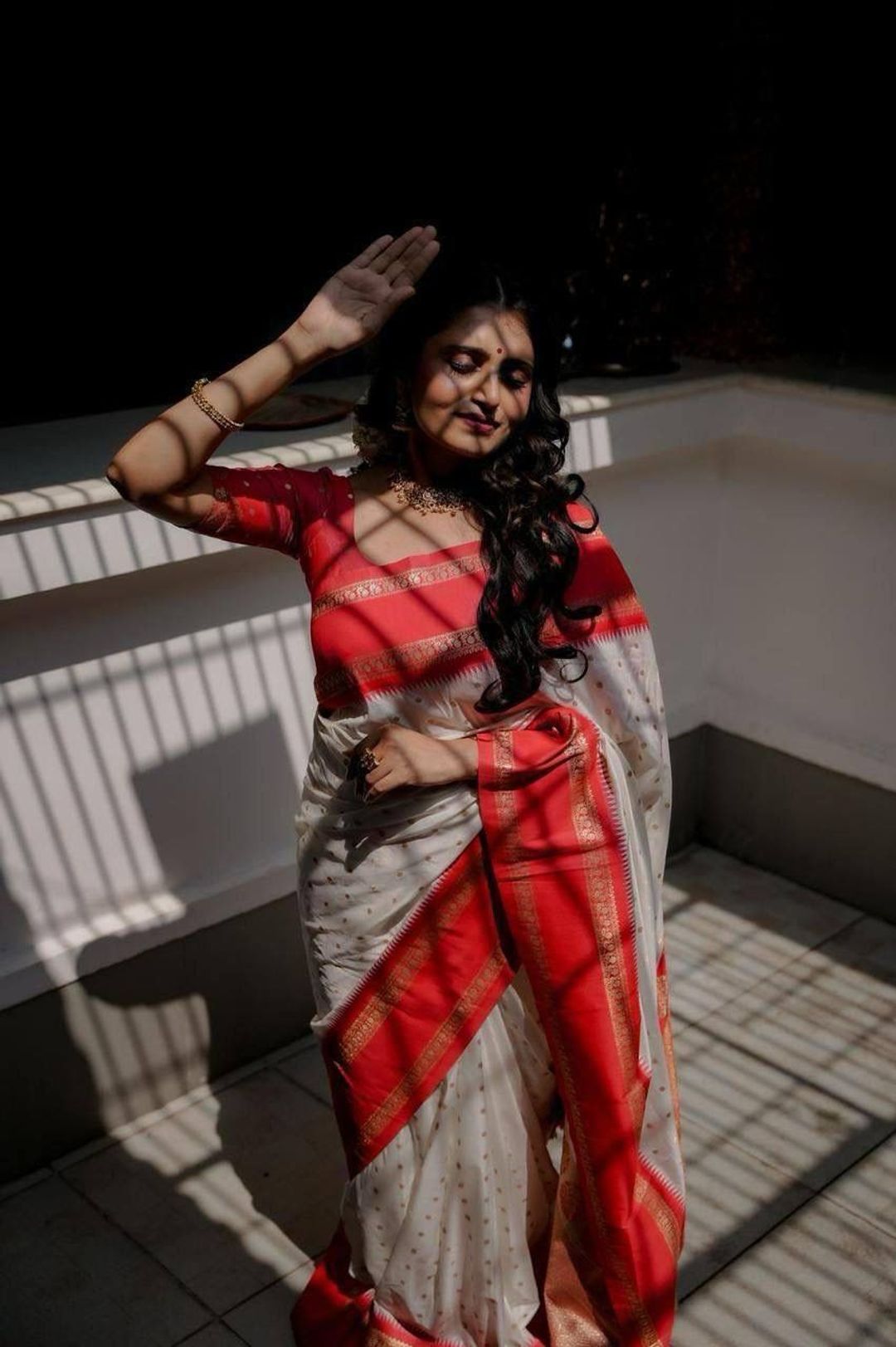 Ivory Red Banarasi Soft Silk Saree with Gold Motifs