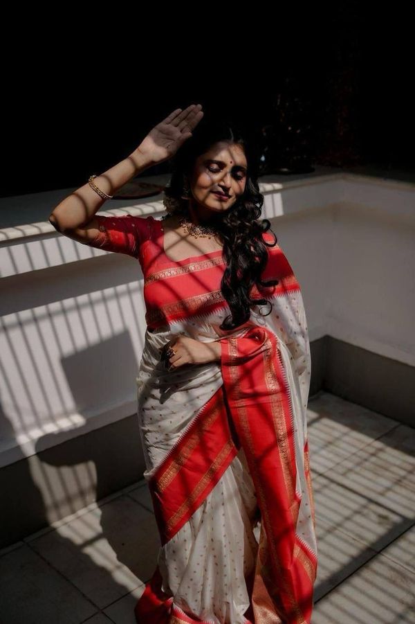 Ivory Red Banarasi Soft Silk Saree with Gold Motifs