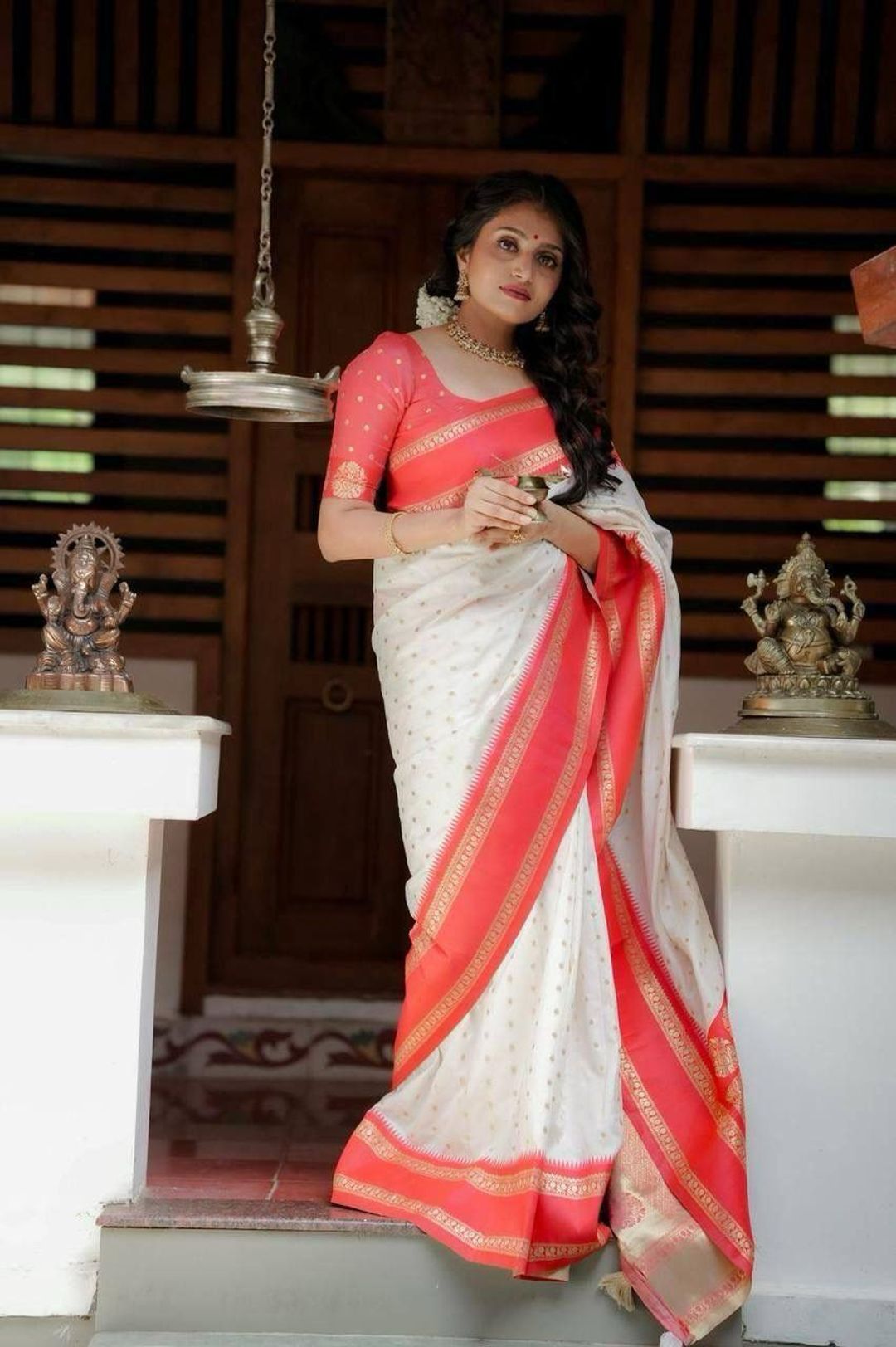 Ivory Red Banarasi Soft Silk Saree with Gold Motifs