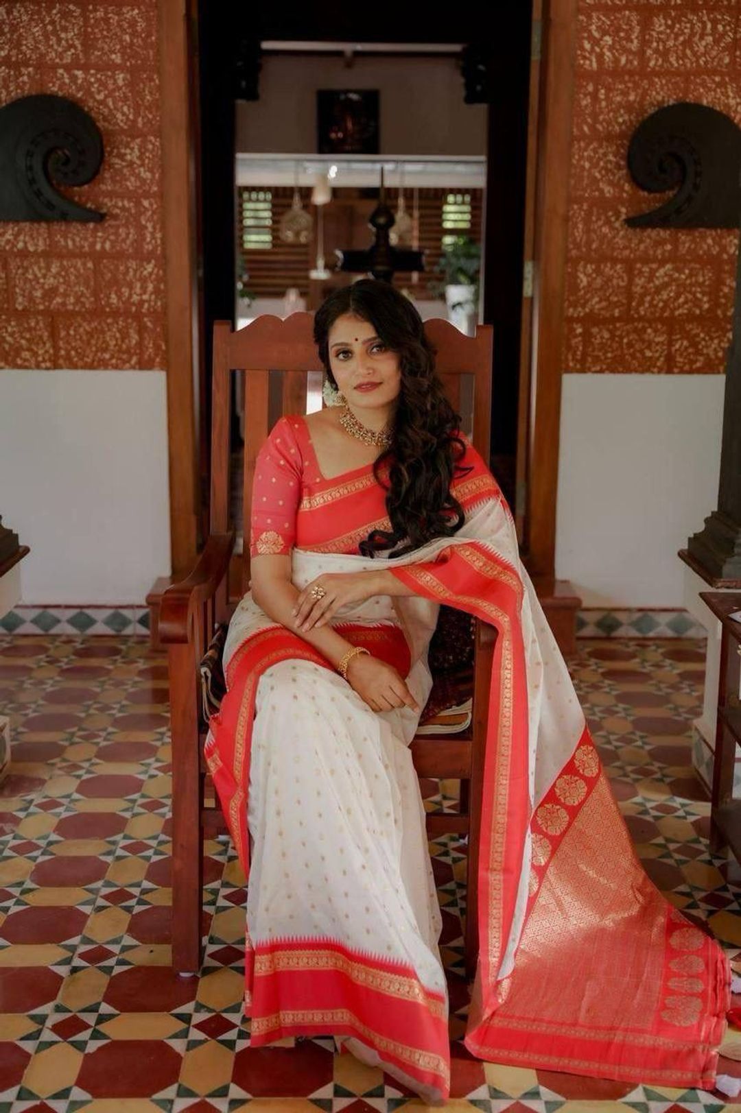 Ivory Red Banarasi Soft Silk Saree with Gold Motifs