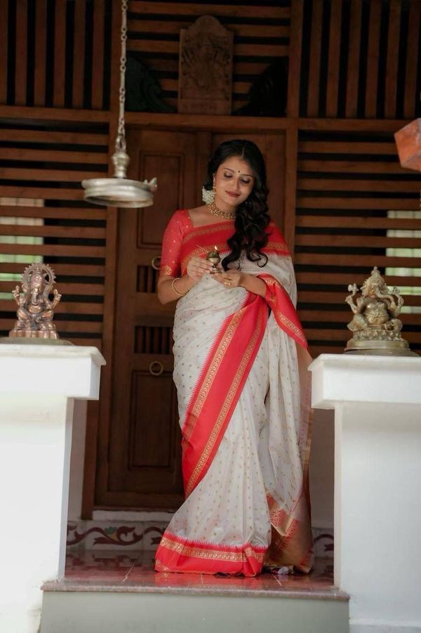 Ivory Red Banarasi Soft Silk Saree with Gold Motifs