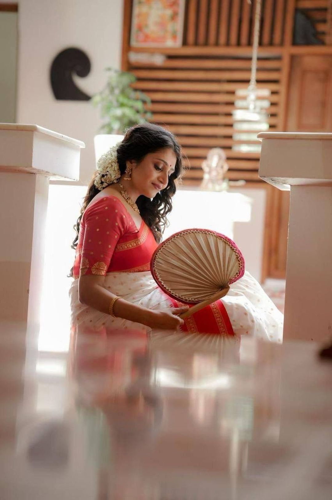 Ivory Red Banarasi Soft Silk Saree with Gold Motifs