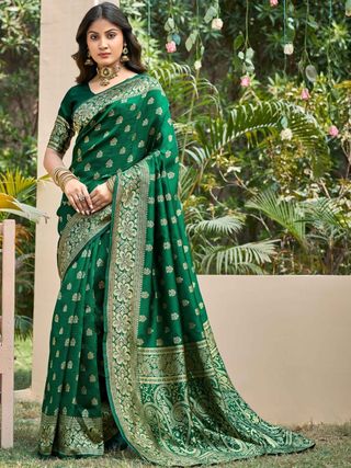 Emerald Green Banarasi Soft Silk Saree with Gold Motifs