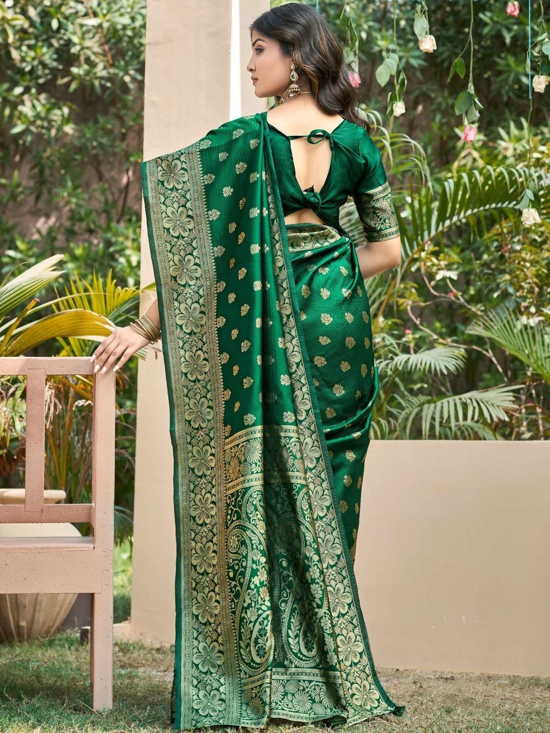 Emerald Green Banarasi Soft Silk Saree with Gold Motifs