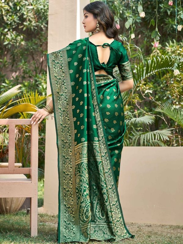Emerald Green Banarasi Soft Silk Saree with Gold Motifs