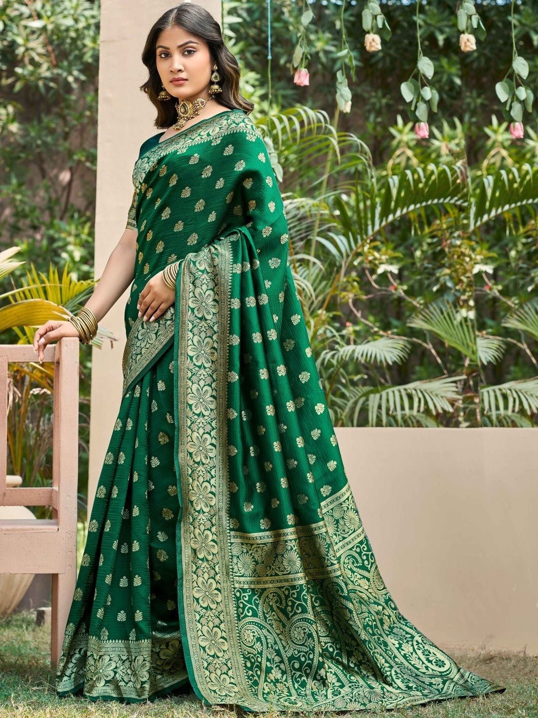 Emerald Green Banarasi Soft Silk Saree with Gold Motifs