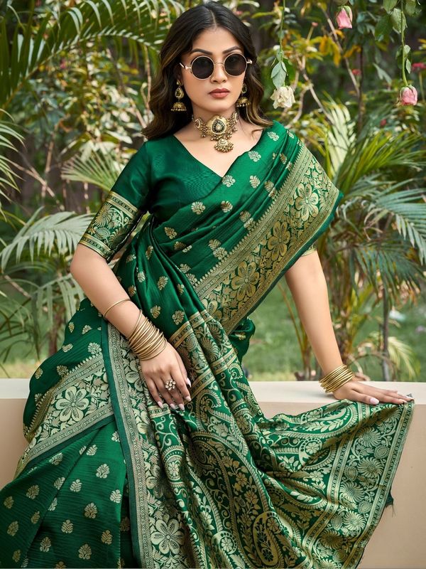 Emerald Green Banarasi Soft Silk Saree with Gold Motifs