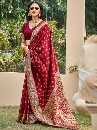 Maroon Banarasi Soft Silk Saree with Gold Floral Border