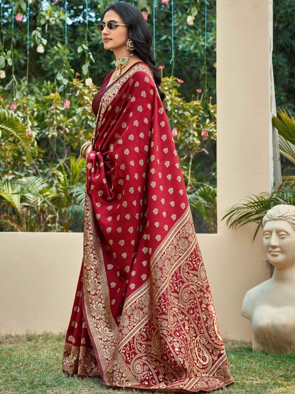 Maroon Banarasi Soft Silk Saree with Gold Floral Border