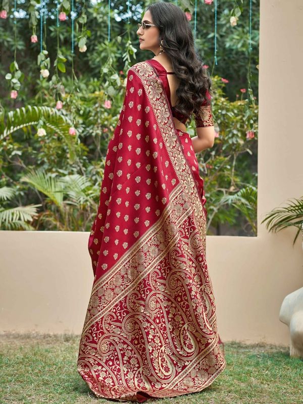 Maroon Banarasi Soft Silk Saree with Gold Floral Border