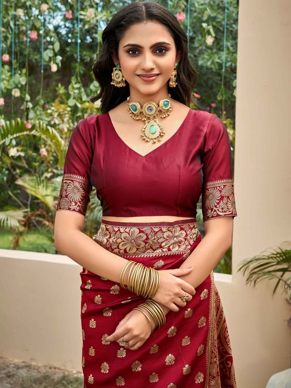 Maroon Banarasi Soft Silk Saree with Gold Floral Border