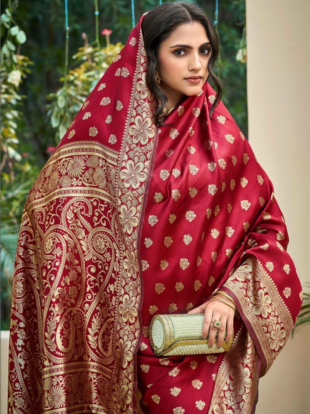 Maroon Banarasi Soft Silk Saree with Gold Floral Border