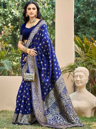 Royal Blue Banarasi Soft Silk Saree with Golden Floral Border