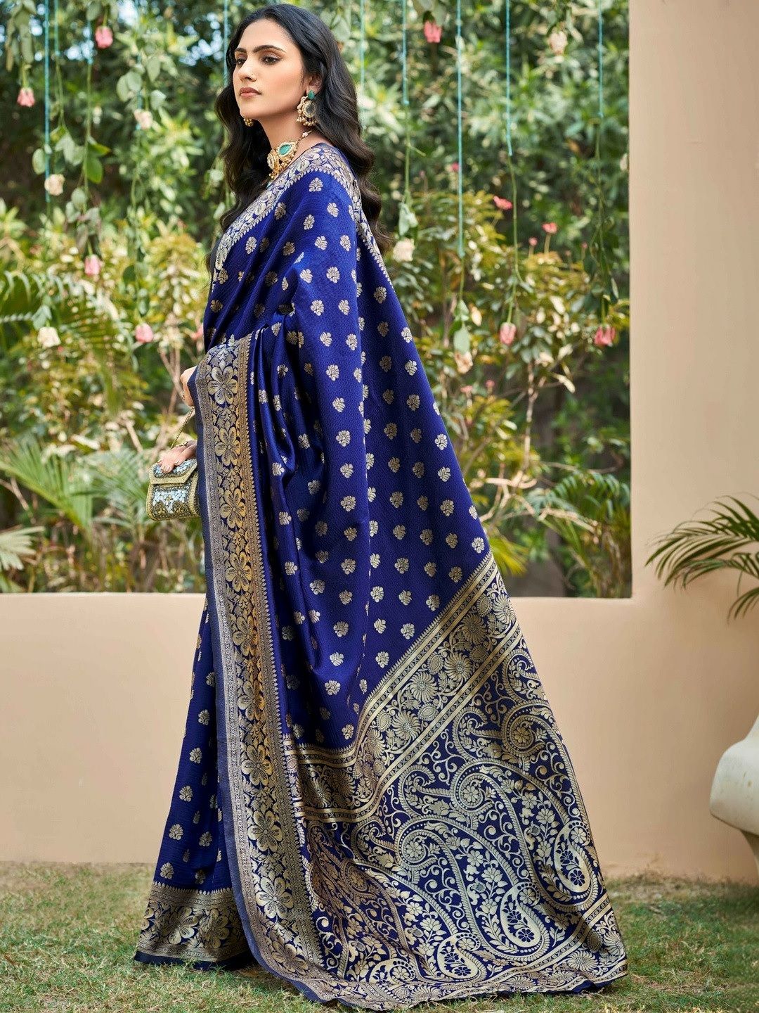 Royal Blue Banarasi Soft Silk Saree with Golden Floral Border