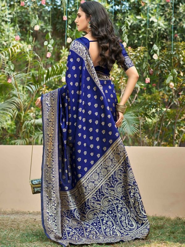 Royal Blue Banarasi Soft Silk Saree with Golden Floral Border