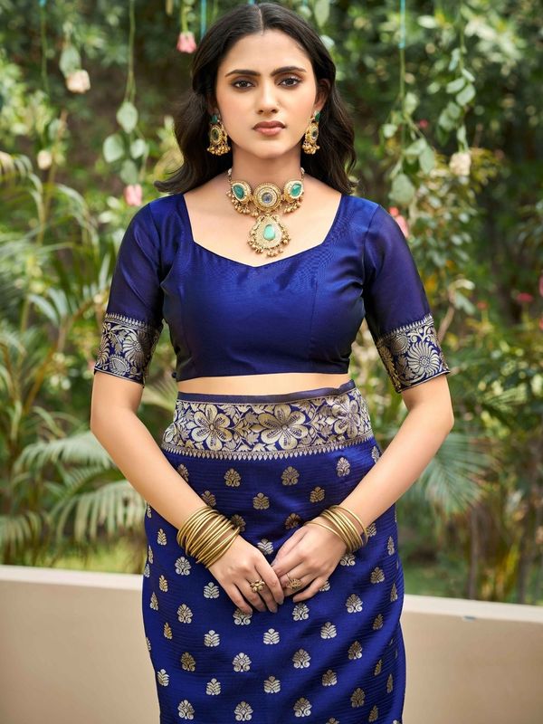 Royal Blue Banarasi Soft Silk Saree with Golden Floral Border