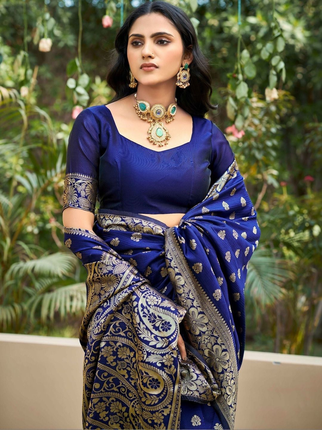 Royal Blue Banarasi Soft Silk Saree with Golden Floral Border